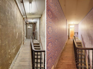 Before and after pictures of the restoration of the entryway to the historic boarding house and Clara Barton's Missing Soldiers Office. To the left, room is falling apart, to the right, it looks like Clara might come up the stairs at any moment.