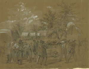 Alfred Waud's sketch of amputation and evacuation at Antietam