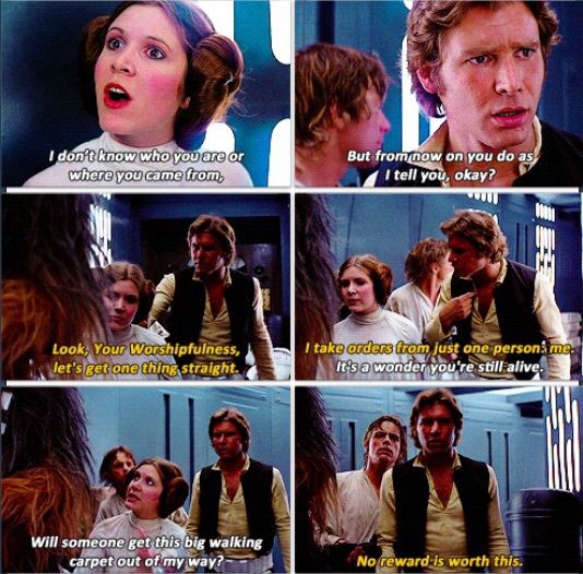 Han Solo and Princess Leia have a sassy conversation where Leia takes charge.