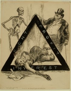 A political cartoon critiquing the forces that stopped or stalled workplace safety laws, making the Triangle Shirtwaist Fire possible. Image Courtesy of the Delaware Museum of Art