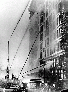 The firefighter's equipment was insufficient. The ladders stopped short of the upper floors, where the fire raged. Photo Courtesy of the International Ladies' Garment Workers' Union Archives, Kheel Center, Cornell University