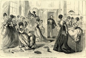 A political cartoon from 1869 depicts the new Secretary of the Treasury opening a door to find a bunch of female employees doing anything but working.