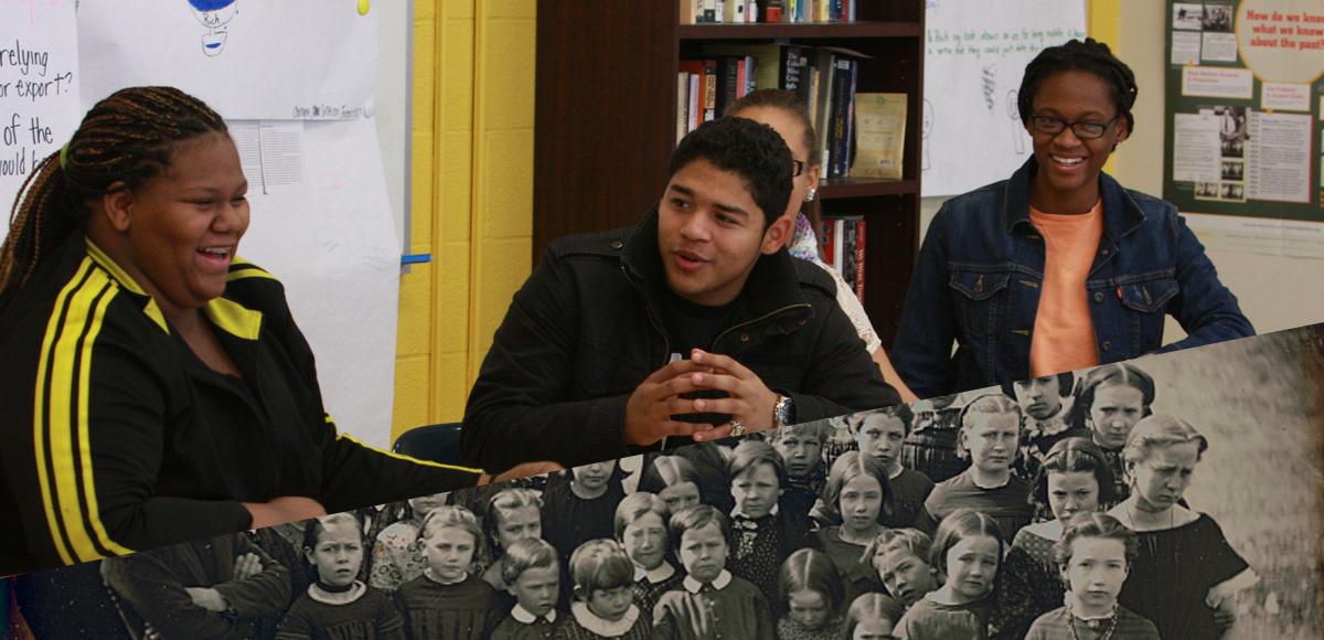 Modern students laugh and debate in a Teaching for Change program, while 19th students stare dour faced.