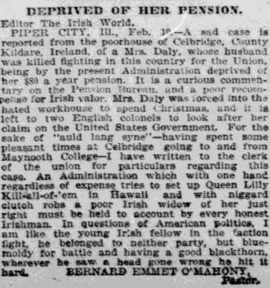 Newspapers across America covered the plight of pension widows abroad. This article appeared in the New York Irish World in 1894.