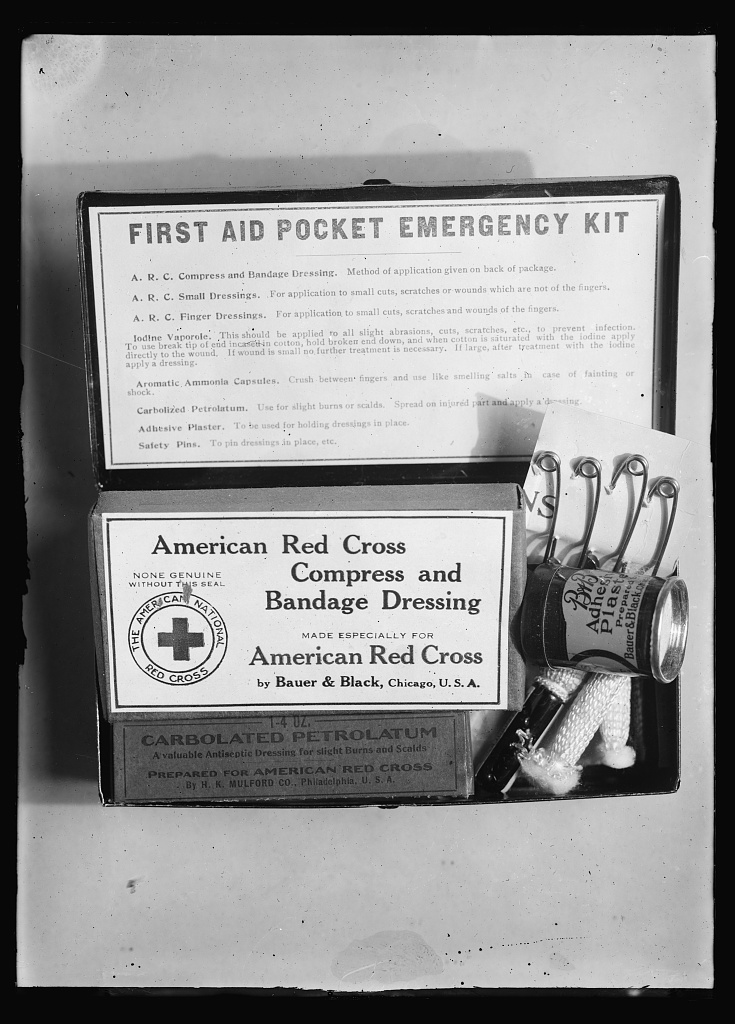 Clara Barton's efforts with the National First Aid Association of America helped make first aid kits like this (c 1919) more common. Courtesey of the Library of Congress