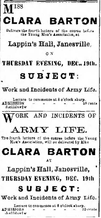 Announcement of a lecture by Barton in Janesville, Wisconsin. From The Janesville Gazette, December 11, 1867