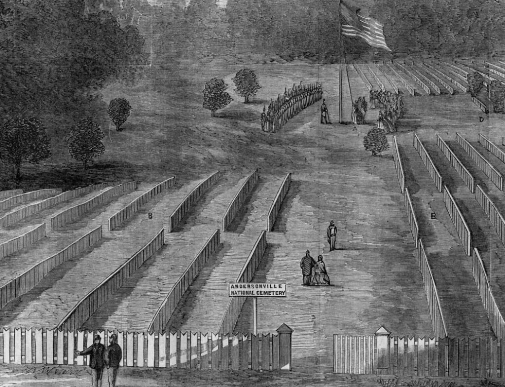 Clara Barton raising the flag at Andersonville National Cemetery, as portrayed in Harpers Weekly.