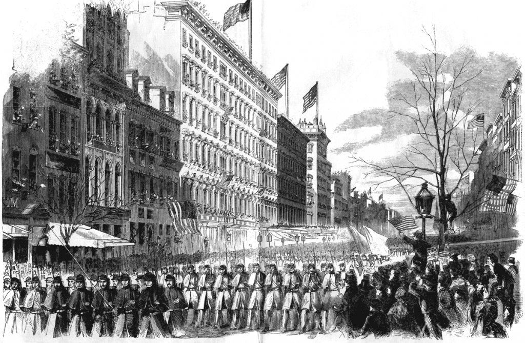 Harpers Weekly sketch of Union soldiers heading to Washington. The atmosphere shown here mirrored the scene where the Union army left Washington for Bull Run.